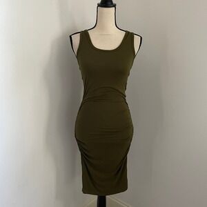 Venus Ruched Tank Dress XS Olive Green Racerback‎ Bodycon Midi Mature Resortwear